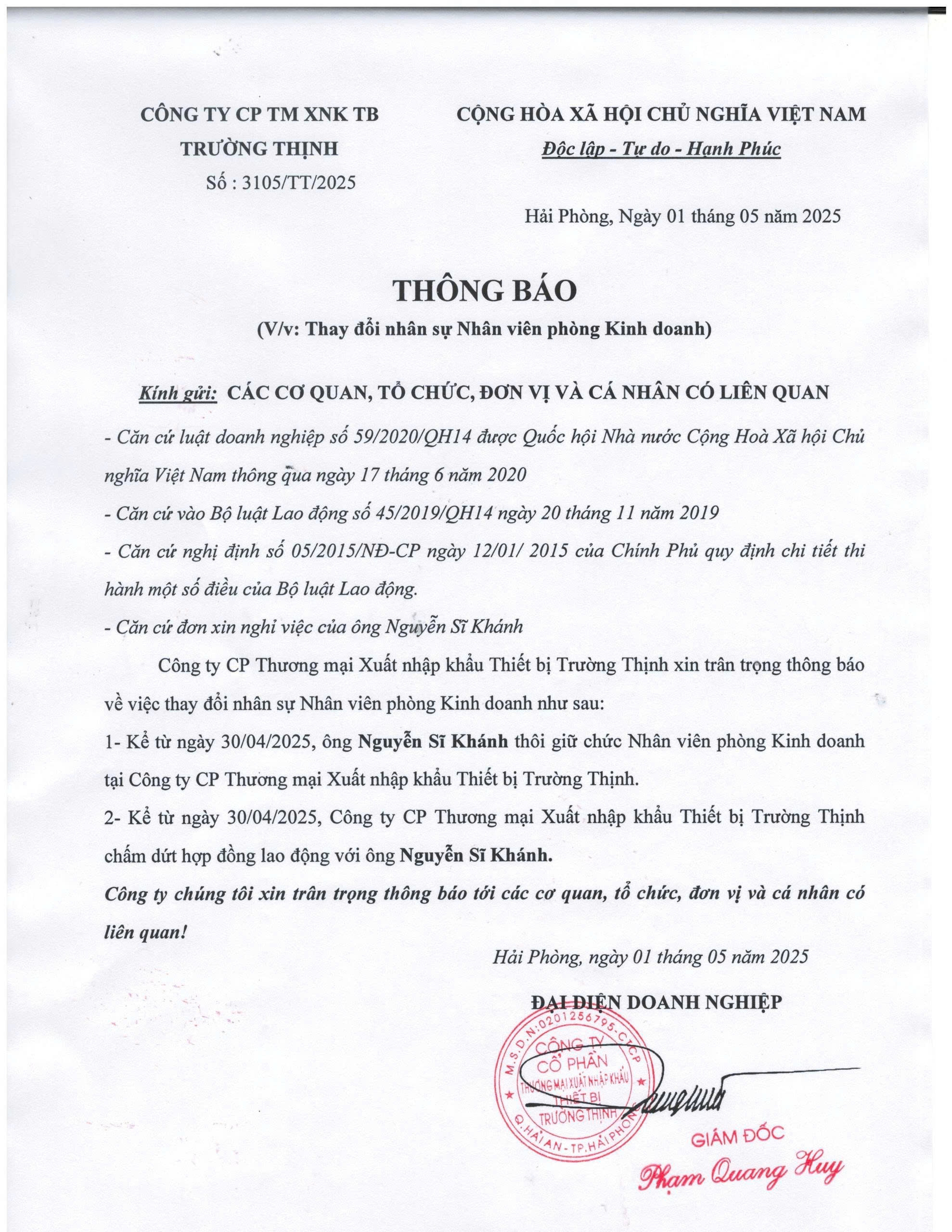 Thông báo thay đổi nhân sự Nhân viên phòng Kinh doanh
